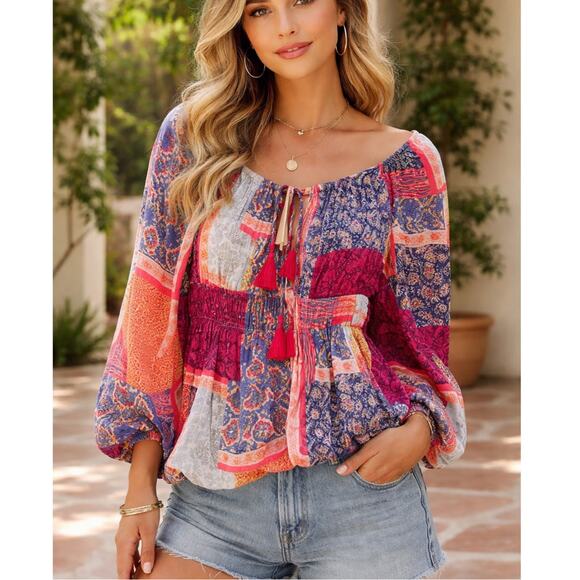 easel Tops - Easel Multicolor Boho Blouse Peasant Top long sleeve small NWT